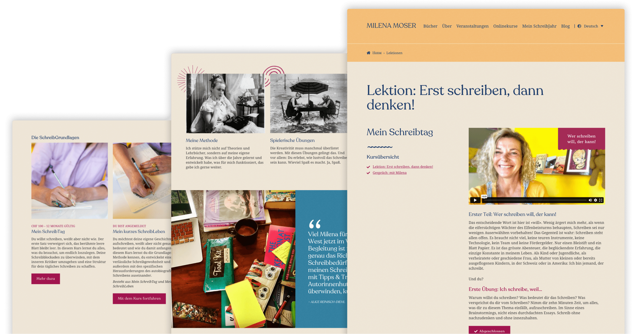Mockup of three course pages from the design of Milena Moser's website.