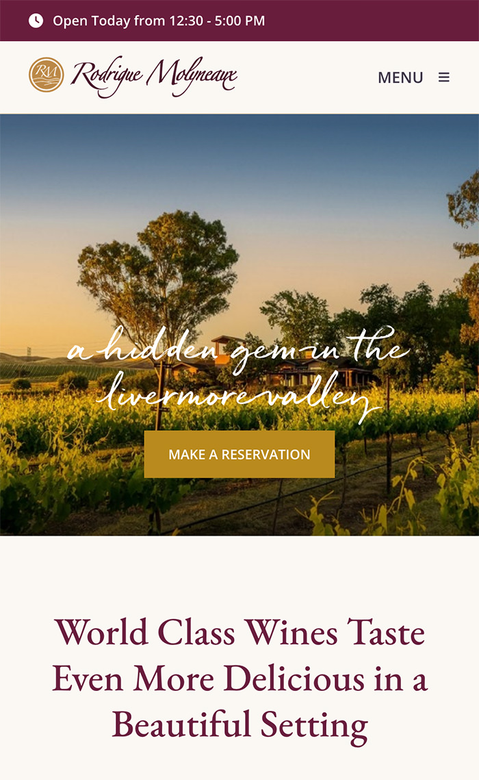 Mobile homepage of RM Winery